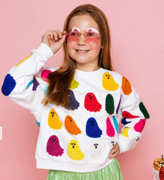 KIDS Queen of Sparkles White Rainbow Fuzzy Ghost Sweatshirt - Gabrielle's Biloxi