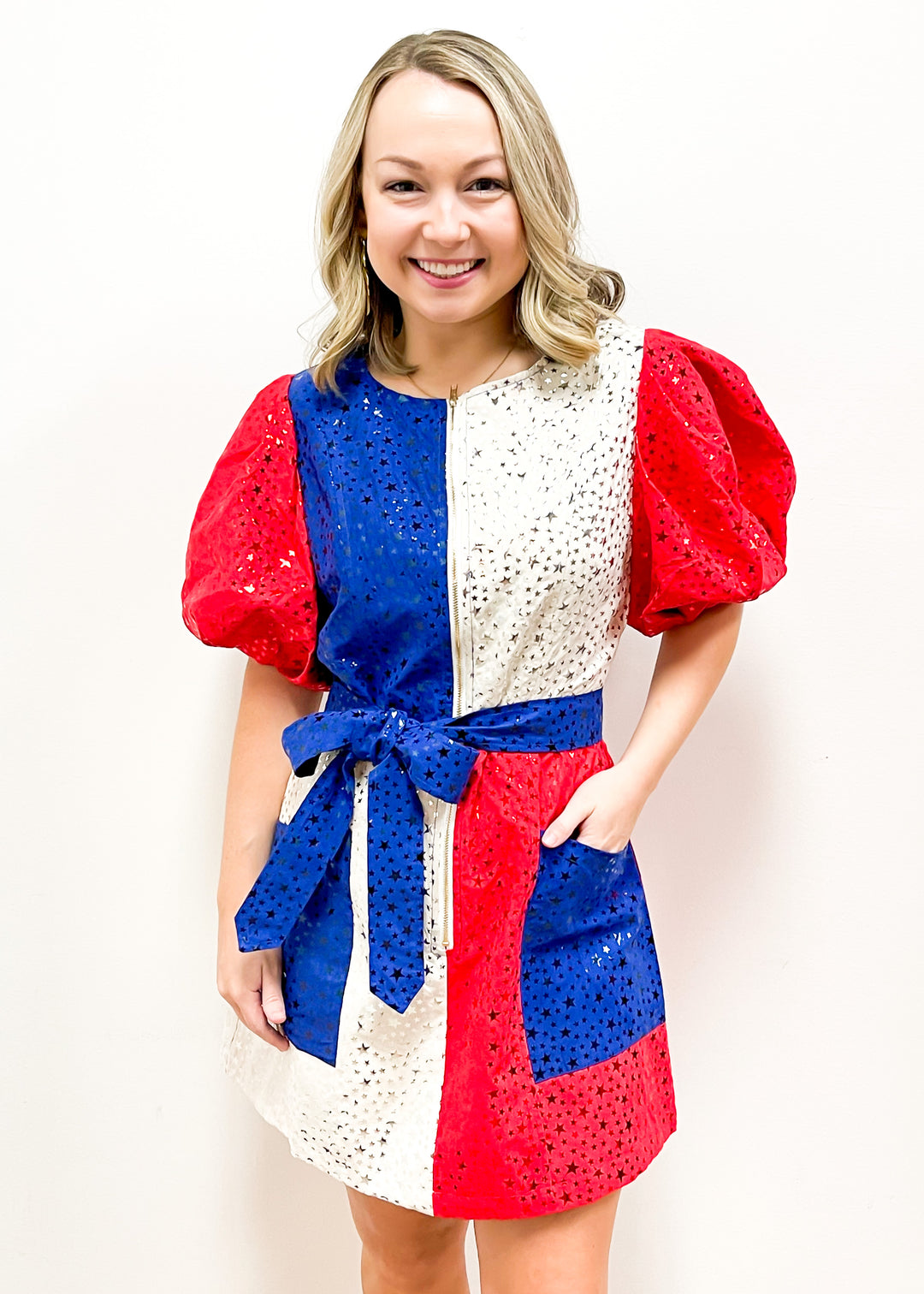 Queen of Sparkles Red, White, & Blue Colorblock Star Dress - Gabrielle's Biloxi