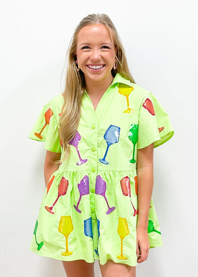 Queen of Sparkles Lime Green Wine Romper - Gabrielle's Biloxi