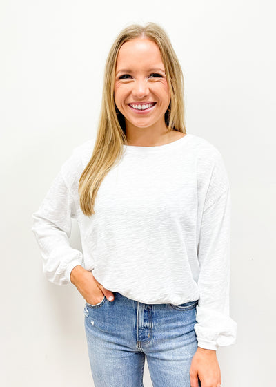 Bobi Shirred Boatneck Rib Hem Tee - White - Gabrielle's Biloxi