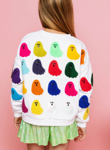 KIDS Queen of Sparkles White Rainbow Fuzzy Ghost Sweatshirt - Gabrielle's Biloxi
