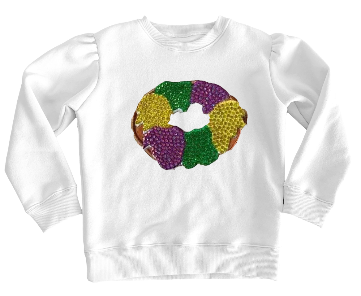 Sequin King Cake on White Holly Sweatshirt - Mardi Gras - Gabrielle's Biloxi