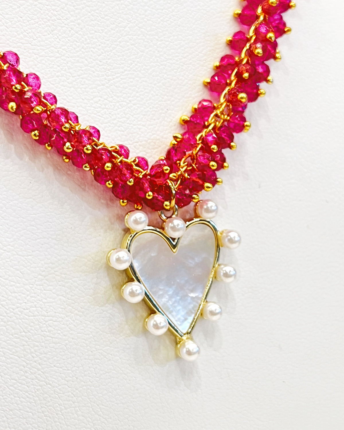 Virtue Pearl Studded Heart on Medium Cluster Rosary - Hot Pink - Gabrielle's Biloxi