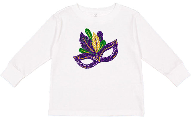 Mardi Gras Glitter Mask on Long Sleeve White Top - Gabrielle's Biloxi