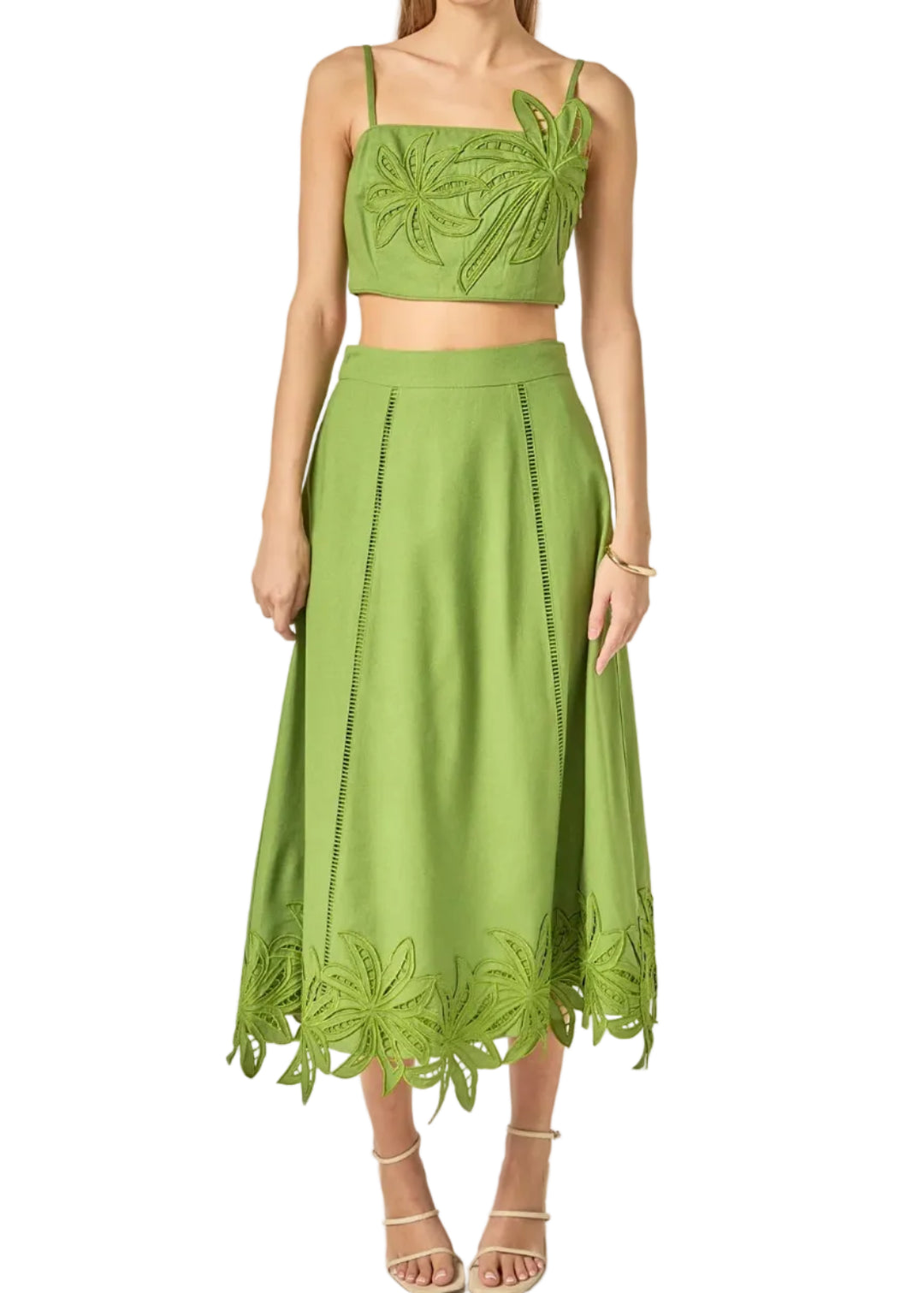 Palm Tree Embroidered Linen Top - Green