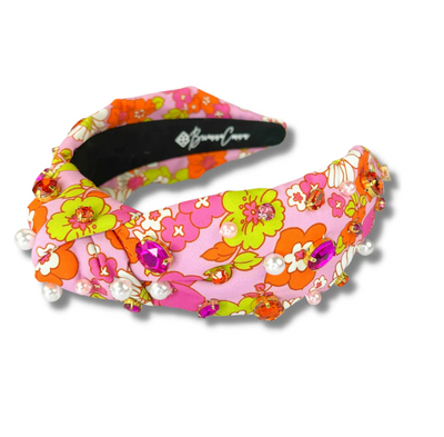 Breanna Cannon Pink and Orange Retro Floral Headband with Crystals and Pearls - Gabrielle's Biloxi