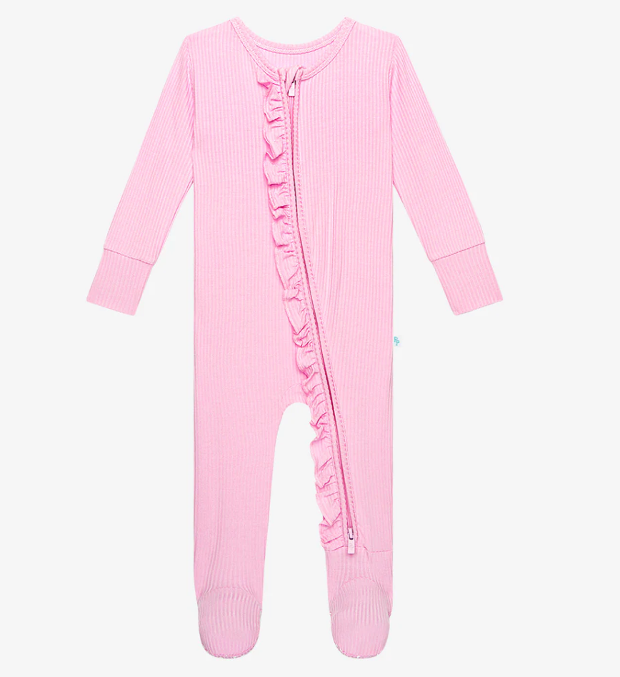 Posh Peanut Solid Ribbed Footie Ruffled Zippered One Piece - Posh Pink - Gabrielle's Biloxi