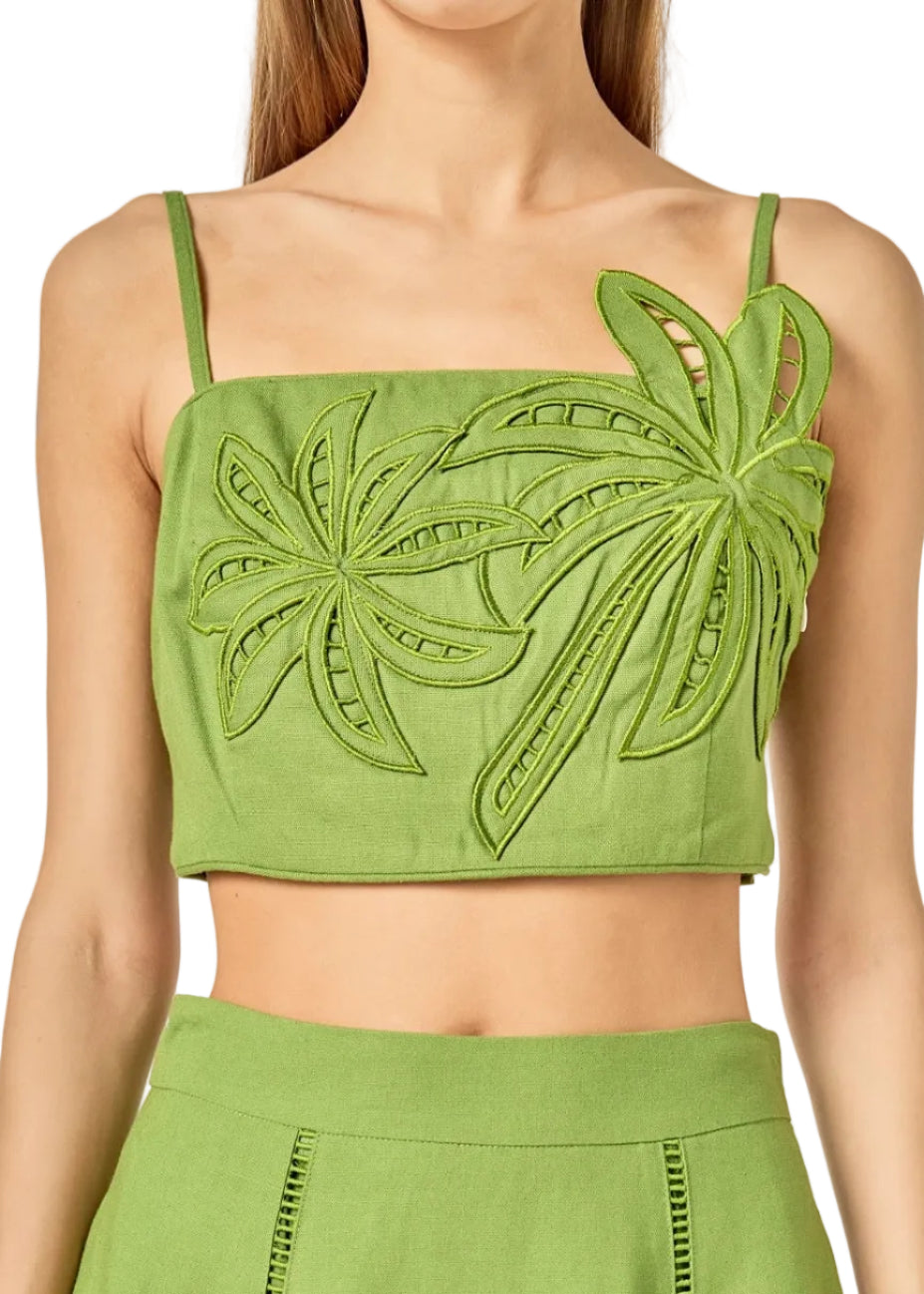 Palm Tree Embroidered Linen Top - Green