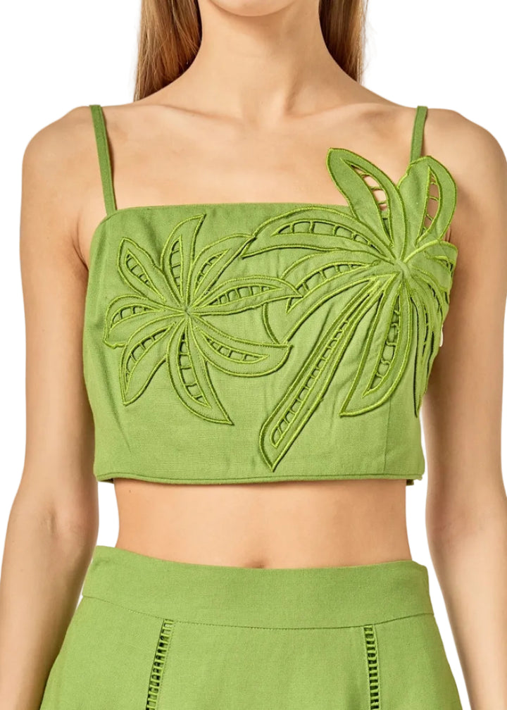 Palm Tree Embroidered Linen Top - Green