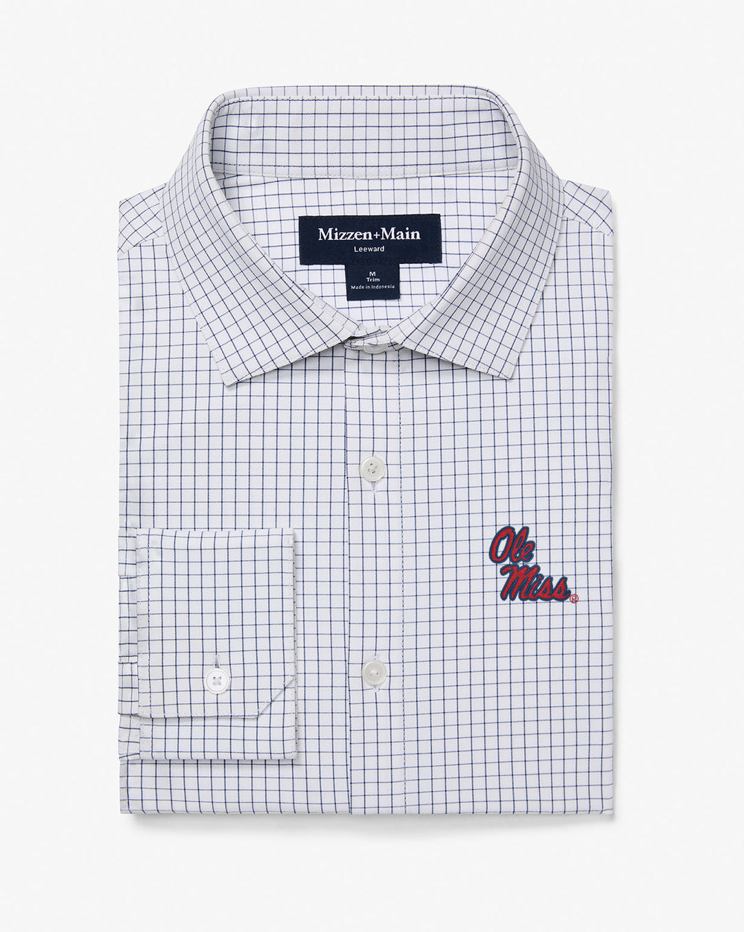 Ole Miss Leeward LS Trim Dress Shirt - White Navy Mini Grid - Gabrielle's Biloxi