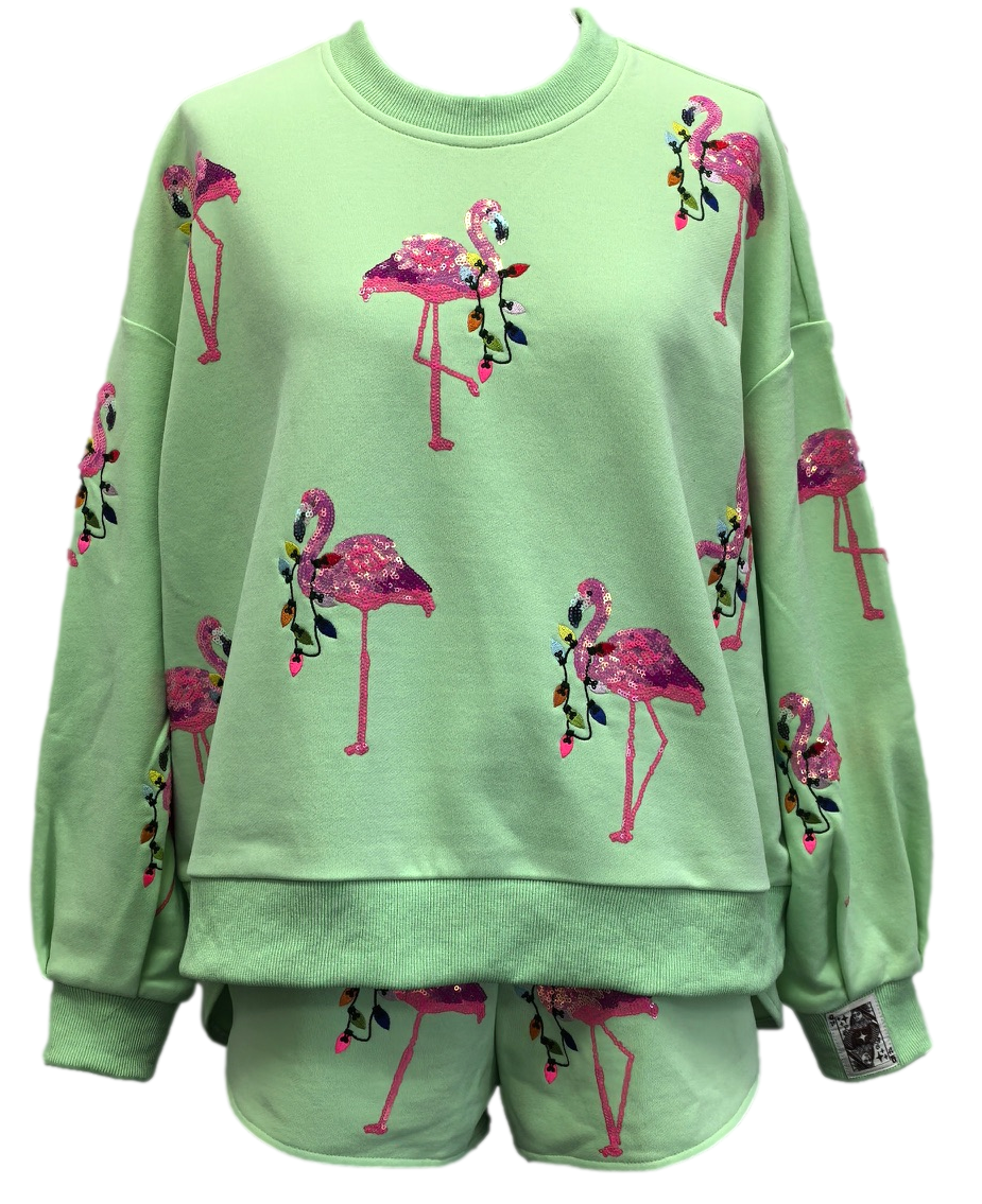 Queen of Sparkles Flamingo Christmas Sweatshirt - Mint - Gabrielle's Biloxi