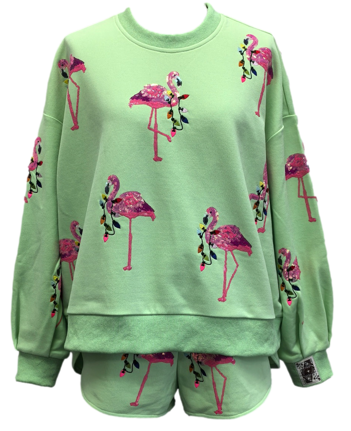 Queen of Sparkles Flamingo Christmas Sweatshirt - Mint - Gabrielle's Biloxi