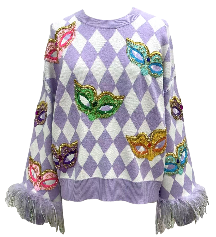 Queen of Sparkles Lavender & White Diamond Mask Sweater - Gabrielle's Biloxi