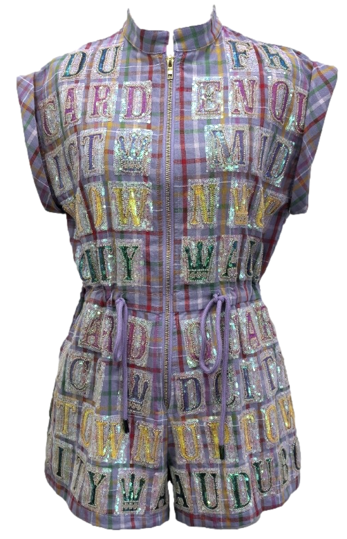 Queen of Sparkles Street Tile Zip Up Romper - Lavender Plaid - Gabrielle's Biloxi