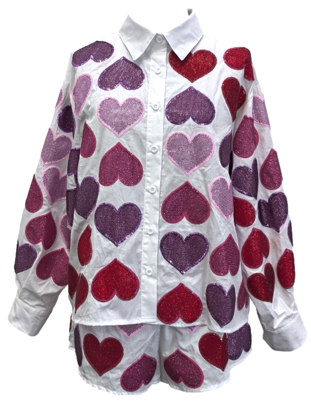 Queen of Sparkles Rhinestone Hearts Button Up Top - Gabrielle's Biloxi