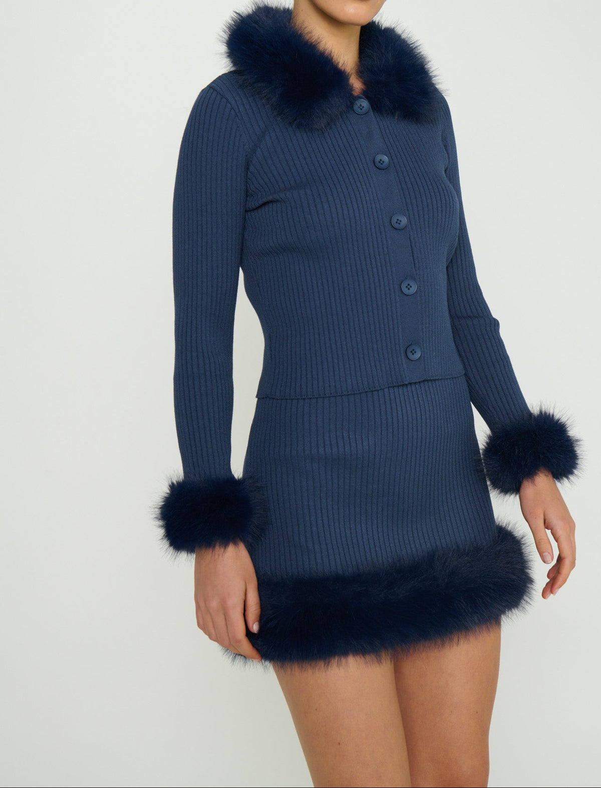 Show Me Your Mumu Chateau Cardigan - Navy Knit with Faux Fur