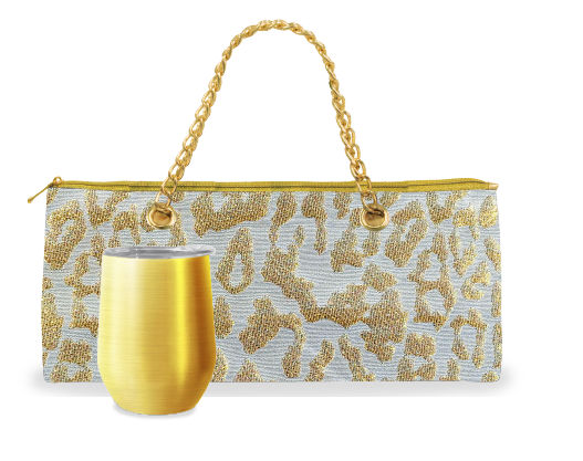 Insulated Wine Bag and Tumbler Set, White and Gold, Leopard, Gold Cup - Gabrielle's Biloxi