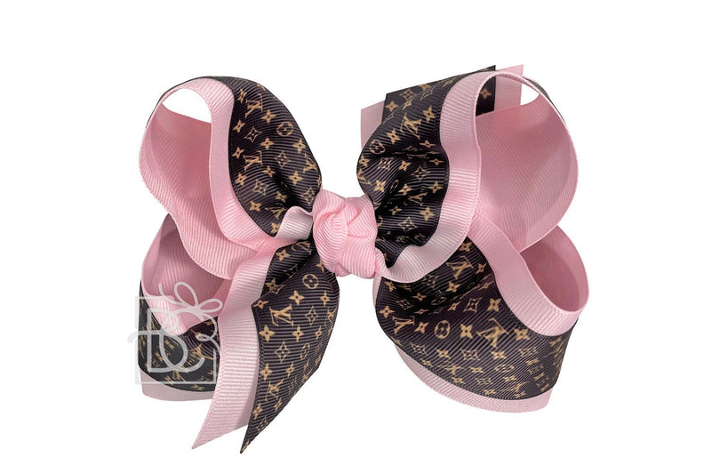 Signature Grosgrain Layered LVD Pink Bow on Clip - Gabrielle&