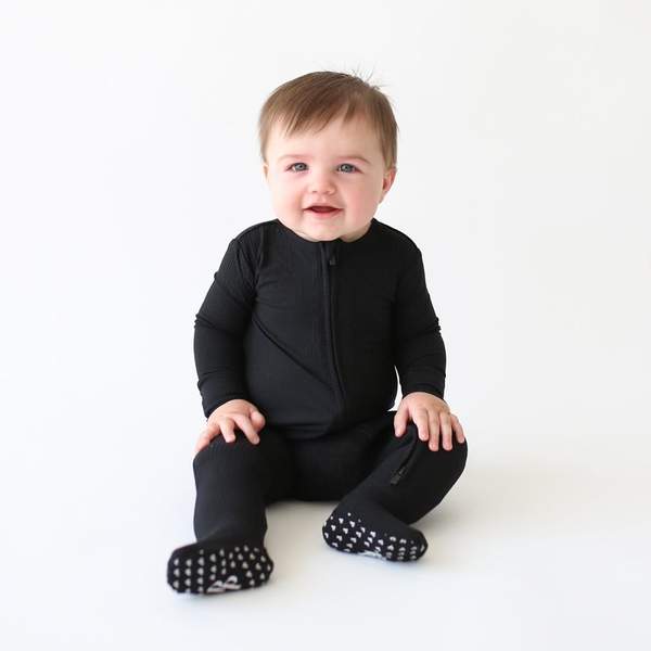 Posh Peanut Solid Ribbed-Black-Footie Zippered One Piece - Gabrielle&
