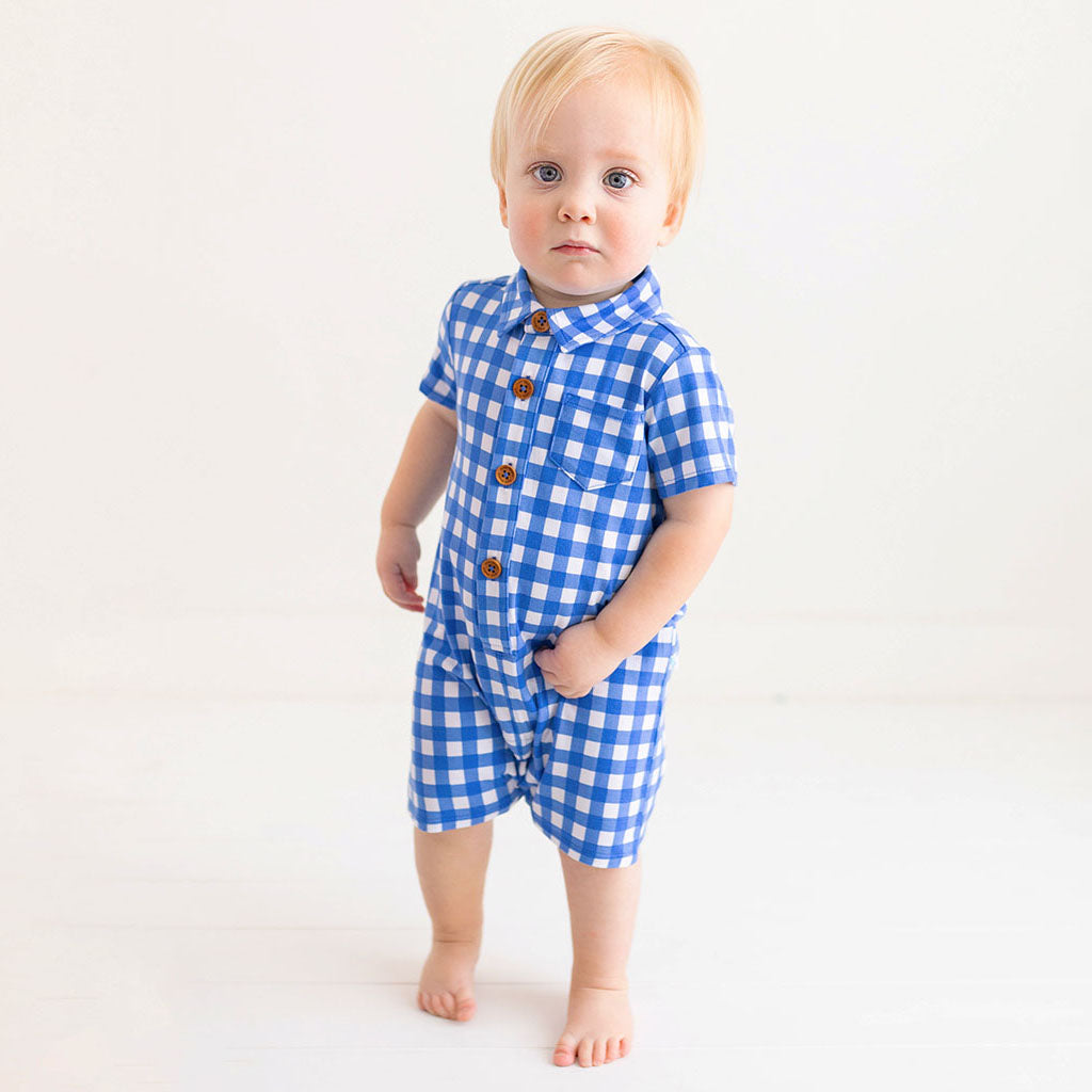 Posh Peanut Joshua Short Sleeve Collared Henley Romper - Gabrielle's Biloxi