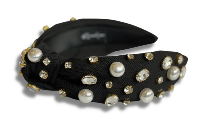 Black Twill Headband with Large Pearls and Crystals - Gabrielle's Biloxi