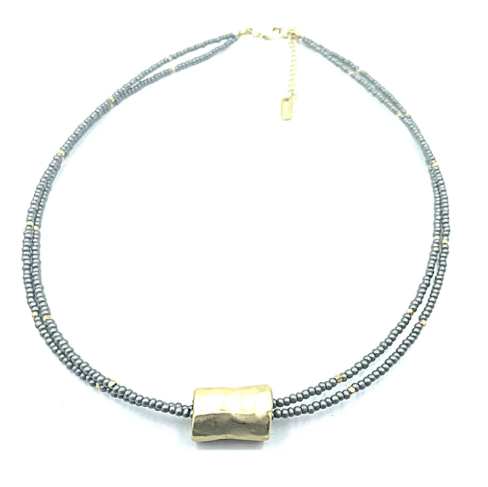 Barrel on Double Gray Beaded Necklace - Gabrielle&