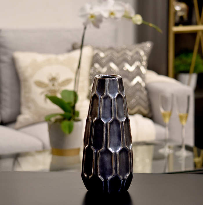 Ceramic Round Vase w/ Embossed Hexagonal Design SM/Silver - Gabrielle's Biloxi
