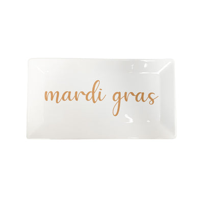 Mardi Gras Script Rectangle Platter White - Gabrielle's Biloxi