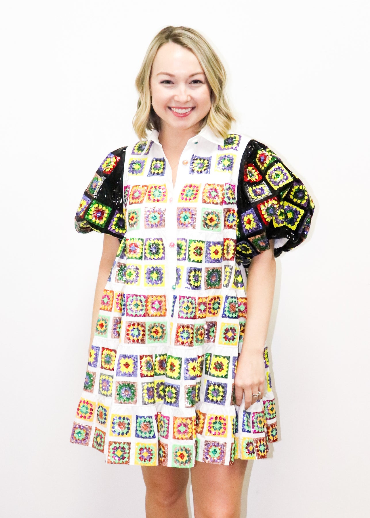 Queen of Sparkles White Sequin Crochet Poof Sleeve Cotton Dress