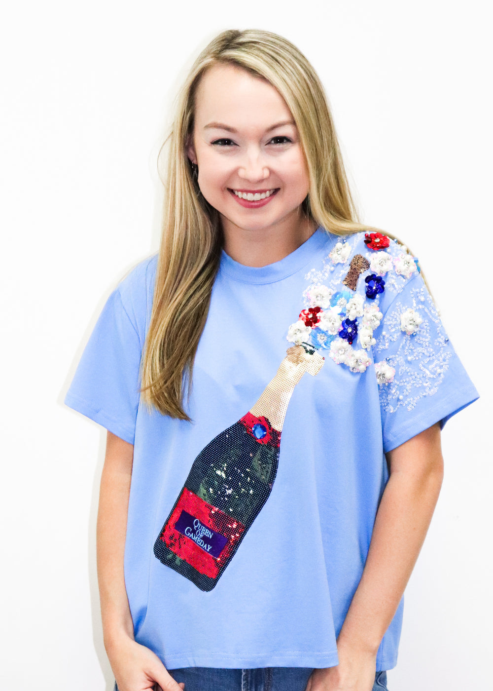 Queen of Sparkles Powder Blue, Red/White Popping Champagne Tee - Gabrielle's Biloxi