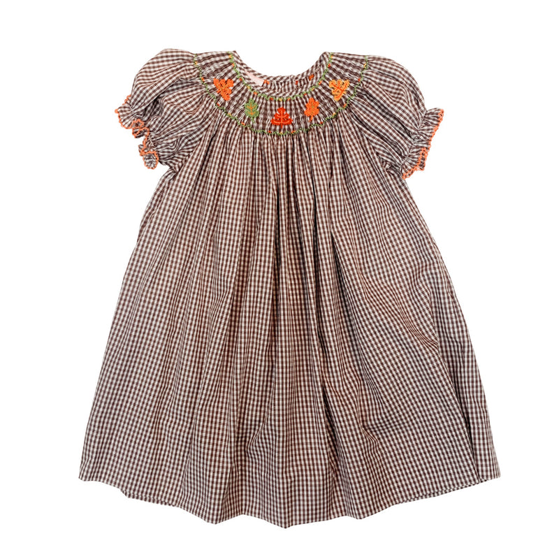 Fall Leaves - Bishop Dress S/S Brown Check - Gabrielle&
