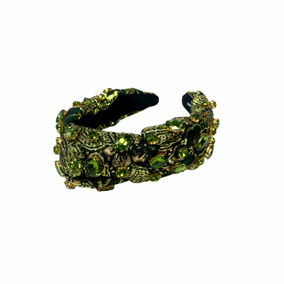 Headband - Green and Gold Brocade with Crystals - Gabrielle's Biloxi