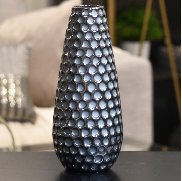 Ceramic Round Vase Dimpled Polished Chrome Silver - Gabrielle's Biloxi